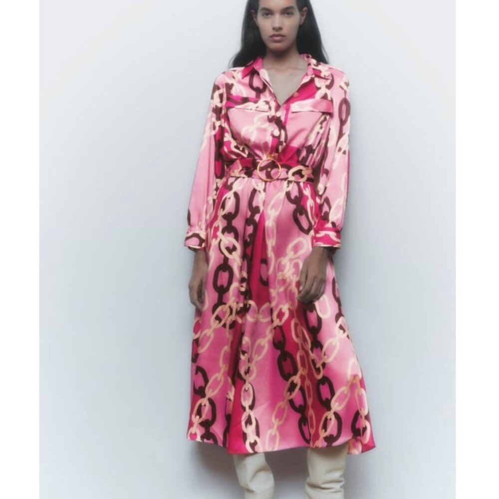 CHAIN PRINTED MIDI SHIRT DRESS
